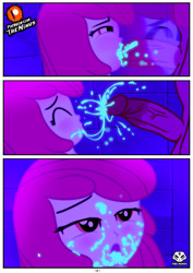 Size: 1211x1713 | Tagged: explicit, artist:theminus, apple bloom, 3 panel comic, banned from derpibooru, blacklight, blowjob, comic, cum, cum in mouth, equestria girls, facial, female, fluorescent, imported from twibooru, lolicon, nudity, oral, penis, sex, underage