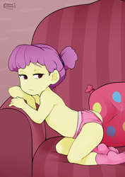 Size: 2500x3536 | Tagged: suggestive, artist:oozutsucannon, background human, banned from derpibooru, child, clothes, couch, equestria girls, female, imported from twibooru, lolicon, panties, partial nudity, socks, solo, solo female, topless, underage, underwear, water lily (equestria girls), young