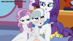 Size: 4000x2250 | Tagged: explicit, artist:cloppy hooves, rarity, silver spoon, sweetie belle, anal, anal creampie, balls, banned from derpibooru, blushing, breasts, clitoris, creampie, crying, cum, equestria girls, female, imported from twibooru, labia, lolicon, nipples, nudity, penetration, penis, sex, tears of pleasure, underage, vagina, vulva