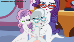 Size: 4000x2250 | Tagged: explicit, artist:cloppy hooves, rarity, silver spoon, sweetie belle, anal, anal creampie, balls, banned from derpibooru, blushing, breasts, clitoris, creampie, crying, cum, equestria girls, female, imported from twibooru, labia, lolicon, nipples, nudity, penetration, penis, sex, tears of pleasure, underage, vagina, vulva