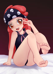 Size: 2480x3425 | Tagged: suggestive, artist:focusb, apple bloom, banned from derpibooru, bed, blushing, clothes, feet, female, human, human coloration, humanized, imported from twibooru, lolicon, open mouth, peace sign, show stopper outfits, sitting, solo, underage