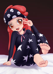 Size: 2480x3425 | Tagged: safe, artist:focusb, apple bloom, banned from derpibooru, barefoot, bed, blushing, clothes, feet, female, human, human coloration, humanized, imported from twibooru, lolicon, open mouth, peace sign, show stopper outfits, sitting, solo, underage