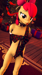 Size: 2160x3840 | Tagged: questionable, artist:senthaurekmern, apple bloom, 3d, anthro, banned from derpibooru, bedroom eyes, carpet, christmas, christmas presents, christmas tree, commission, earth pony, female, holiday, imported from twibooru, lolicon, looking at you, smiling, solo, tongue out, tree, underage, wrapped up, ych result
