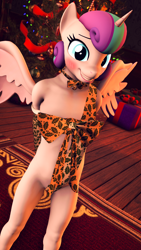 Size: 2160x3840 | Tagged: questionable, artist:senthaurekmern, princess flurry heart, 3d, alicorn, anthro, banned from derpibooru, bedroom eyes, blushing, carpet, christmas, christmas presents, christmas tree, commission, female, grin, holiday, imported from twibooru, lolicon, looking at you, older, smiling, solo, tree, underage, wrapped up, ych result