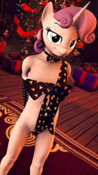 Size: 2160x3840 | Tagged: questionable, artist:senthaurekmern, sweetie belle, 3d, anthro, banned from derpibooru, bedroom eyes, carpet, christmas, christmas presents, christmas tree, commission, female, holiday, imported from twibooru, lolicon, looking at you, smiling, solo, tree, underage, unicorn, wrapped up, ych result