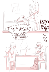 Size: 2492x3685 | Tagged: explicit, artist:crade, apple bloom, applejack, oc, oc:anon, age difference, awkward moment, banned from derpibooru, begging, big mcintosh, breakfast is ruined, breasts, delicious flat chest, dialogue, female, human, human on humanized pony action, humanized, imported from twibooru, lolicon, male, penetration, sex, small breasts, straight, underage, vaginal, young