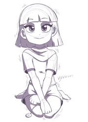 Size: 1488x2068 | Tagged: questionable, artist:kairu-hakubi, banned from derpibooru, barefoot, blushing, child, egg vibrator, feet, female, human, humanized, implied sex toy, imported from twibooru, lolicon, looking at you, maud pie, monochrome, sex toy, simple background, sitting, sketch, solo, underage, vibrator, white background, younger