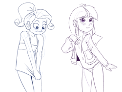 Size: 3200x2400 | Tagged: questionable, artist:kairu-hakubi, rarity, twilight sparkle, banned from derpibooru, belly button, blushing, child, clothes, duo, duo female, embarrassed, embarrassed nude exposure, female, hoodie, human, humanized, imported from twibooru, lolicon, looking at you, monochrome, nudity, open clothes, panties, partial nudity, simple background, sketch, underage, underwear, white background, younger