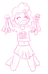 Size: 1796x2752 | Tagged: suggestive, artist:kairu-hakubi, pinkie pie, banned from derpibooru, barefoot, belly button, child, clothes, egg vibrator, feet, female, grin, human, humanized, imported from twibooru, lolicon, monochrome, sex toy, shirt, simple background, sketch, skirt, smiling, solo, t-shirt, teenage mutant ninja turtles, underage, vibrator, white background, younger