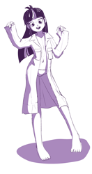 Size: 1936x3664 | Tagged: questionable, artist:kairu-hakubi, twilight sparkle, banned from derpibooru, barefoot, child, clothes, feet, female, human, humanized, imported from twibooru, lab coat, lolicon, looking at you, monochrome, open clothes, open shirt, panties, partial nudity, sketch, solo, solo female, underage, underwear, younger