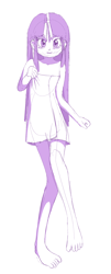 Size: 1280x3184 | Tagged: questionable, artist:kairu-hakubi, twilight sparkle, banned from derpibooru, barefoot, blushing, child, feet, female, human, humanized, imported from twibooru, lolicon, looking at you, monochrome, sketch, solo, towel, underage, wet, younger