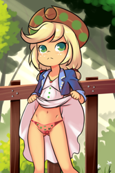 Size: 1280x1920 | Tagged: suggestive, artist:drantyno, applejack, banned from derpibooru, cameltoe, child, clothes, equestria girls, female, imported from twibooru, lolicon, music festival outfit, panties, skirt, skirt lift, underage, underwear, young, younger
