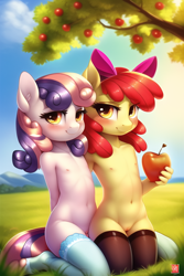 Size: 512x768 | Tagged: explicit, apple bloom, sweetie belle, ai generated, anthro, apple, apple tree, banned from derpibooru, belly button, blushing, breasts, child, clothes, delicious flat chest, earth pony, exhibitionism, female, food, grass, grass field, imported from twibooru, kneeling, lolicon, looking at you, missing horn, nipples, novelai, nudity, orange eyes, public nudity, red mane, small breasts, smiling, stockings, thigh highs, tree, underage, unguligrade anthro, vagina, wrong eye color