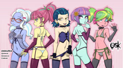 Size: 2678x1478 | Tagged: suggestive, artist:oldskullkid, banned from derpibooru, child, clothes, equestria girls, female, imported from twibooru, indigo zap, lemon zest, lingerie, lolicon, panties, shadowbolts, sour sweet, sugarcoat, sunny flare, thong, underage, underwear, young, younger