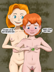 Size: 1247x1663 | Tagged: explicit, artist:ulaaviz, banned from derpibooru, blushing, braces, condom, crossover, danny williams, dialogue, erection, female, g1, human, imported from twibooru, lolicon, male, my little pony 'n friends, penis, shotacon, speech bubble, straight, straight shota, underage
