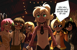 Size: 1791x1158 | Tagged: explicit, artist:crade, oc, oc:anonfilly, oc:butter berry, oc:dyx, oc:luftkrieg, oc:sphee, oc:susie supreme, banned from derpibooru, belly, belly button, bottomless, bow, breasts, clothes, delicious flat chest, female, females only, glasses, hair bow, hoodie, human, humanized, humanized oc, imported from twibooru, jewelry, leotard, lolicon, looking at you, national socialism, necklace, necktie, nipples, nudity, open mouth, partial nudity, ponytail, reverse bunny suit, socks, sunglasses, suspenders, swastika, text, underage, vulva