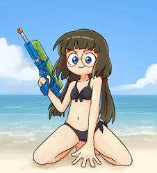 Size: 976x1080 | Tagged: suggestive, artist:spheedc, oc, oc:sphee, banned from derpibooru, beach, bikini, clothes, female, glasses, human, humanized, humanized oc, imported from twibooru, lolicon, oc only, solo, squirt gun, super soaker, swimsuit, underage, watergun