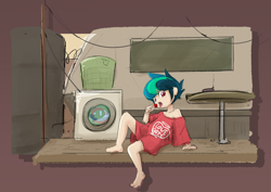 Size: 1354x956 | Tagged: safe, artist:spheedc, oc, oc:apogee, baggy shirt, banned from derpibooru, bottomless, candy, clothes, female, food, human, humanized, humanized oc, imported from twibooru, lolicon, lollipop, oc only, oversized clothes, oversized shirt, partial nudity, shirt, solo, trailer, underage, washing machine