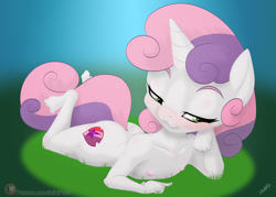 Size: 1200x857 | Tagged: questionable, artist:miniferu, sweetie belle, anthro, banned from derpibooru, blushing, breasts, delicious flat chest, female, grass, hand on cheek, imported from twibooru, laying on stomach, lolicon, nipples, nudity, on ground, outdoors, plantigrade anthro, small breasts, solo, solo female, underage, unicorn