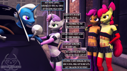 Size: 1920x1080 | Tagged: suggestive, artist:senthaurekmern, apple bloom, scootaloo, sweetie belle, 3d, anthro, banned from derpibooru, car, clothes, cutie mark crusaders, dialogue, earth pony, female, gloves, imported from twibooru, jack pot, latex, latex gloves, latex skirt, lolicon, long gloves, miniskirt, pegasus, prostitution, skirt, speech bubble, underage, unicorn