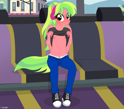 Size: 3952x3492 | Tagged: questionable, artist:tolpain, anthro, banned from derpibooru, belly button, blushing, breasts, bus, clothes, delicious flat chest, female, flashing, headphones, imported from twibooru, jeans, lemon zest, lolicon, looking at you, nipples, nudity, panties, pants, pegasus, plantigrade anthro, shirt, shirt lift, shoes, sitting, small breasts, smiling, smiling at you, sneakers, solo, t-shirt, underage, underwear