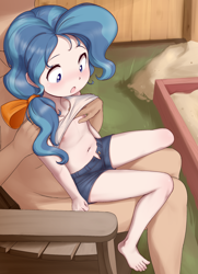 Size: 1964x2708 | Tagged: explicit, artist:pestil, age difference, banned from derpibooru, belly, belly button, blushing, bow, breasts, chair, clothes, delicious flat chest, eyes open, feet, female, fence, grass, hair bow, hand, hand on breasts, hand on shoulder, human, humanized, imported from twibooru, lap sitting, lolicon, male, nipples, nudity, open mouth, outdoors, paywalled source, petunia paleo, sandbox, shirt, shirt lift, underage