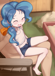 Size: 1964x2708 | Tagged: suggestive, artist:pestil, banned from derpibooru, belly, belly button, blushing, bow, chair, clothes, eyes closed, feet, female, fence, grass, hair bow, hand, hand on shoulder, human, humanized, imported from twibooru, lap sitting, lolicon, male, nudity, open mouth, outdoors, petunia paleo, sandbox, smiling, underage