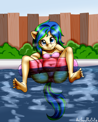 Size: 1904x2354 | Tagged: suggestive, artist:anibaruthecat, oc, oc:ravebounce, anthro, anthro oc, banned from derpibooru, bikini, blue eyes, cameltoe, clothes, earth pony, erect nipples, female, fence, imported from twibooru, inflatable, inner tube, lolicon, looking at you, nipple outline, partially submerged, plantigrade anthro, reclining, smiling at you, solo, solo female, spreading legs, swimming pool, swimsuit, underage