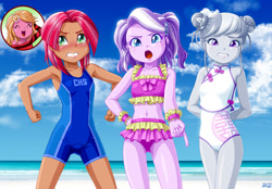 Size: 1200x834 | Tagged: safe, artist:uotapo, babs seed, diamond tiara, silver spoon, alternate hairstyle, beach, bikini, bikini bottom, bikini top, blushing, cheongsam, child, clothes, cute, dress, equestria girls, female, freckles, gritted teeth, imported from twibooru, lolicon, midriff, one-piece swimsuit, open mouth, sunflower (character), swimsuit, teeth, underage, young