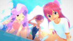 Size: 1920x1080 | Tagged: suggestive, artist:脉脉子, apple bloom, scootaloo, sweetie belle, 3d, banned from derpibooru, clothes, cutie mark crusaders, female, human, humanized, imported from twibooru, koikatsu, lolicon, one-piece swimsuit, see-through, shirt, swimsuit, t-shirt, underage