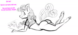 Size: 1991x907 | Tagged: questionable, artist:lil miss jay, sweetie belle, anthro, banned from derpibooru, bottomless, butt, clothes, dialogue, female, implied anal, implied scootaloo, implied sex, imported from twibooru, lolicon, monochrome, partial nudity, sign, simple background, sketch, subtle as a train wreck, sweetie butt, tail wag, talking to viewer, underage, unguligrade anthro, unicorn, white background