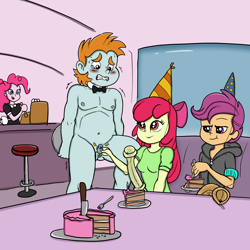 Size: 5000x5000 | Tagged: explicit, artist:kaiserlix, artist:smudge proof, apple bloom, pinkie pie, scootaloo, banned from derpibooru, bdsm, bowtie, cake, cbt, chastity, chastity cage, clothed female nude male, clothes, commission, equestria girls, exhibitionism, female, femdom, food, futa, hat, imported from twibooru, intersex, lolicon, maid, male, nudity, party hat, public nudity, shotacon, slave stream, snips, teary eyes, underage