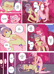 Size: 1152x1584 | Tagged: explicit, artist:drantyno, pinkie pie, comic:lily's babysiter, age difference, banned from derpibooru, dildo, double-ended dildo, equestria girls, female, females only, imported from twibooru, lesbian, lily pad (equestria girls), lilybutt, lilypie, lolicon, paywalled source, sex toy, underage