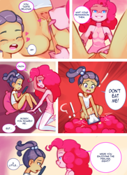 Size: 2304x3168 | Tagged: explicit, artist:drantyno, pinkie pie, comic:lily's babysiter, age difference, banned from derpibooru, equestria girls, female, females only, imported from twibooru, lesbian, lily pad (equestria girls), lilybutt, lilypie, lolicon, paywalled source, underage