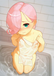 Size: 2480x3508 | Tagged: explicit, artist:dekasuji, fluttershy, banned from derpibooru, blushing, covering up, equestria girls, female, human, humanized, imported from twibooru, kneeling, lolicon, looking at you, nudity, shower, solo, solo female, underage, water, wet