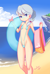 Size: 1280x1920 | Tagged: explicit, artist:drantyno, editor:anonymous, silver spoon, absolute cleavage, banned from derpibooru, beach, belly button, bikini, blue swimsuit, breasts, cameltoe, child, cleavage, clothes, delicious flat chest, edit, female, human, humanized, imported from twibooru, inflatable, lolicon, looking at you, sling bikini, smiling, solo, solo female, swimsuit, swimsuit edit, towel, underage, water