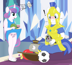 Size: 3699x3336 | Tagged: suggestive, artist:tolpain, princess flurry heart, alicorn, anthro, banned from derpibooru, blushing, clothes, dialogue, dress, female, imported from twibooru, innocent, lolicon, panties, panty shot, royal guard, sandals, skirt, smarty pants, sundress, toy, underage, underwear, upskirt, whammy