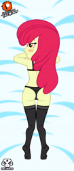 Size: 2385x5470 | Tagged: suggestive, artist:theminus, apple bloom, alternate version, banned from derpibooru, bedroom eyes, bloom butt, blushing, butt, clothes, equestria girls, feet, female, human, imported from twibooru, lingerie, lolicon, looking at you, looking back, looking back at you, solo, underage