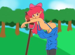 Size: 1682x1233 | Tagged: questionable, artist:whitebats, apple bloom, banned from derpibooru, bloom butt, braless, breasts, butt, clothes, drink, female, freckles, human, humanized, imported from twibooru, lolicon, lolitober, lolitober 2022, naked overalls, nipples, no underwear, nudity, overalls, small breasts, soda, soda bottle, tools, underage, wardrobe malfunction