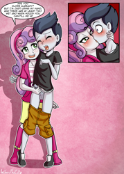 Size: 1787x2500 | Tagged: explicit, artist:anibaruthecat, sweetie belle, abstract background, balls, banned from derpibooru, bedroom eyes, blushing, clothes, equestria girls, equestria girls-ified, erection, eyes closed, female, female on male, handjob, imported from twibooru, kissing, lolicon, male, nudity, pants, pants down, penis, precum, rumbelle, rumble, sex, shipping, shotacon, speech bubble, standing, straight, teenager, text, underage