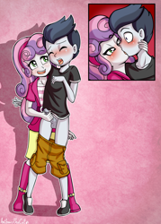Size: 1787x2500 | Tagged: explicit, artist:anibaruthecat, sweetie belle, abstract background, balls, banned from derpibooru, bedroom eyes, blushing, clothes, equestria girls, equestria girls-ified, erection, eyes closed, female, female on male, handjob, imported from twibooru, kissing, lolicon, male, nudity, pants, pants down, penis, precum, rumbelle, rumble, sex, shipping, shotacon, standing, straight, teenager, underage