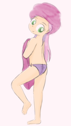 Size: 596x1056 | Tagged: questionable, artist:anonymous, sweetie belle, banned from derpibooru, clothes, cute, female, human, humanized, imported from twibooru, lolicon, panties, simple background, solo, towel, towel on head, underage, underwear