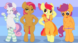 Size: 2139x1200 | Tagged: explicit, artist:brainsister, apple bloom, babs seed, scootaloo, sweetie belle, anthro, banned from derpibooru, clothes, cutie mark crusaders, earth pony, female, imported from twibooru, lolicon, nudity, panties, pegasus, see-through, socks, underage, underwear, unicorn
