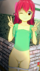 Size: 1080x1920 | Tagged: explicit, apple bloom, banned from derpibooru, banned from ponybooru, clothes, deleted from ponybooru, equestria girls, exhibitionism, female, grin, imported from twibooru, lolicon, lolitober, nudity, one eye closed, panties, peace sign, prompter:vhsephiyagami, smiling, solo, underage, underwear, vulva, wink
