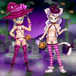 Size: 3000x3000 | Tagged: questionable, artist:anibaruthecat, diamond tiara, silver spoon, banned from derpibooru, barefoot, belly button, bra, breasts, candy, cat ears, cat tail, clothes, costume, delicious flat chest, duo, duo female, feet, female, food, glasses, graveyard, halloween, halloween costume, hat, holiday, human, human coloration, humanized, imported from twibooru, lolicon, nipples, nudity, open mouth, panties, small breasts, smiling, stockings, thigh highs, underage, underwear, witch hat