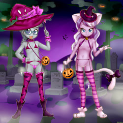 Size: 3000x3000 | Tagged: questionable, artist:anibaruthecat, diamond tiara, silver spoon, banned from derpibooru, barefoot, belly button, bra, breasts, candy, cat ears, cat tail, clothes, costume, delicious flat chest, duo, duo female, equestria girls, feet, female, food, glasses, graveyard, halloween, halloween costume, hat, holiday, imported from twibooru, lolicon, nipples, nudity, open mouth, panties, small breasts, smiling, stockings, thigh highs, underage, underwear, witch hat