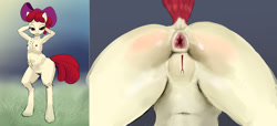 Size: 2000x913 | Tagged: explicit, artist:hexado, apple bloom, anthro, anus, banned from derpibooru, breasts, delicious flat chest, earth pony, female, imported from twibooru, lolicon, nudity, solo, underage, vulva