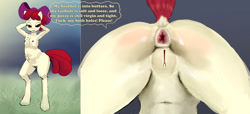 Size: 2000x913 | Tagged: explicit, artist:hexado, apple bloom, anthro, anus, banned from derpibooru, breasts, delicious flat chest, earth pony, female, imported from twibooru, lolicon, nudity, solo, speech bubble, underage, vulva