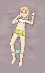 Size: 1100x1800 | Tagged: explicit, artist:unsavorydom, banned from derpibooru, belly button, blue underwear, blushing, breasts, cheerleader, cheerleader outfit, child, clothes, delicious flat chest, female, human, humanized, imported from twibooru, lolicon, looking at you, lying down, nipples, nudity, on back, panties, panties around legs, panties pulled down, peach fuzz, pleated skirt, skirt, small breasts, solo, solo female, underage, underwear, vulva, young