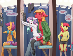 Size: 3300x2550 | Tagged: explicit, artist:fearingfun, apple bloom, scootaloo, sweetie belle, abdominal bulge, age difference, ambiguous penetration, anthro, banned from derpibooru, banned from ponybooru, big mcintosh, blushing, deleted from ponybooru, dialogue, earth pony, female, fitting room, imported from twibooru, lolicon, male, pegasus, sex, shipping, size difference, stealth sex, straight, sweat, sweetiemac, underage, undressing, unicorn